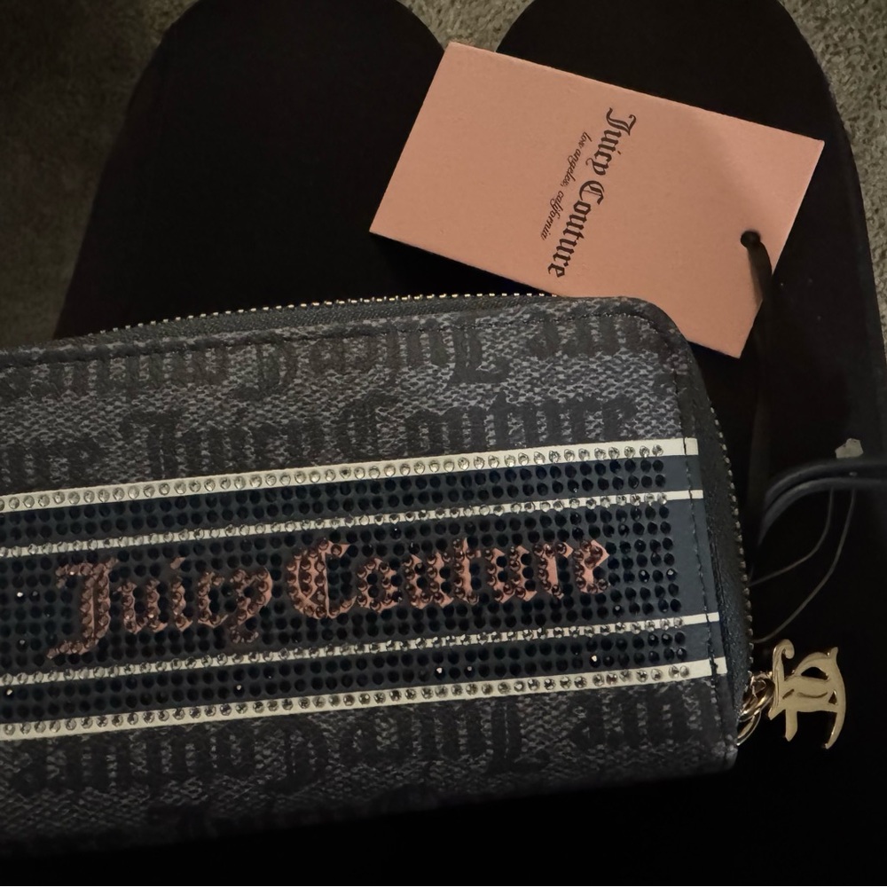 Juicy Couture Logo Zip Wallet with Rhinestone Detail